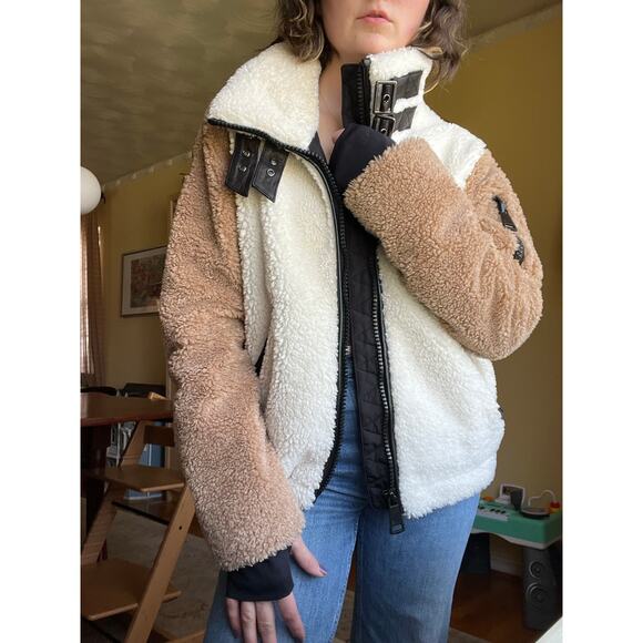 Sam New York Denver Cream Brown Colorblock Sherpa Jacket Size S - Picture 3 of 12